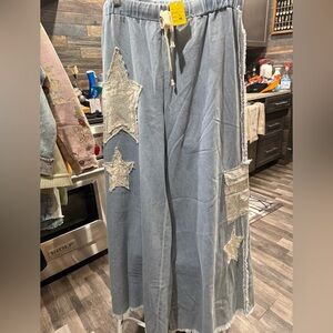 POL Blue Maxi WIDE LEG PANTS with Star Patches